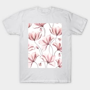 Translucent poppy watercolor ornate print. Transparent blush anemones. Spring floral romantic illustration T-Shirt